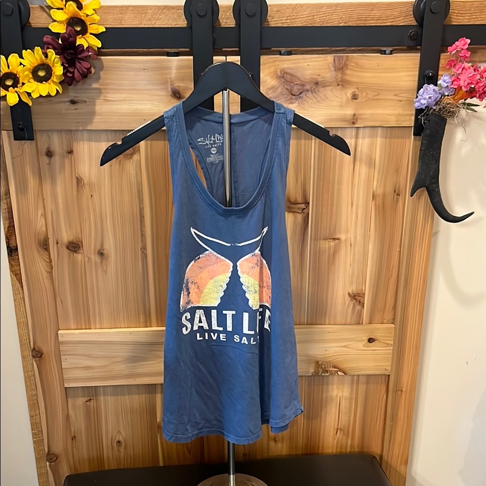 Salt Life Blue Tank with Sunset Whale Tail Design
